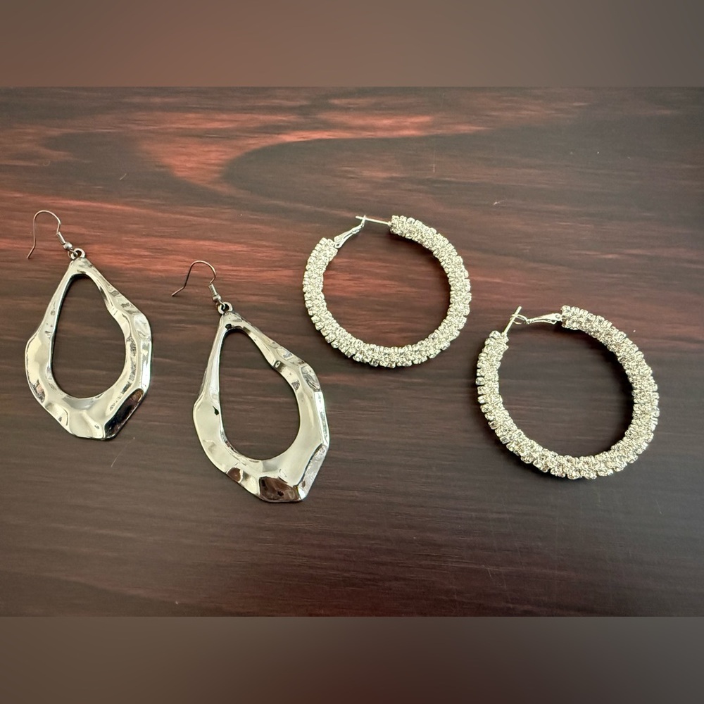 2 Pair Pierced Big Hoop Costume Earrings Silver Rhinestone Gun Metal Dangle Drop